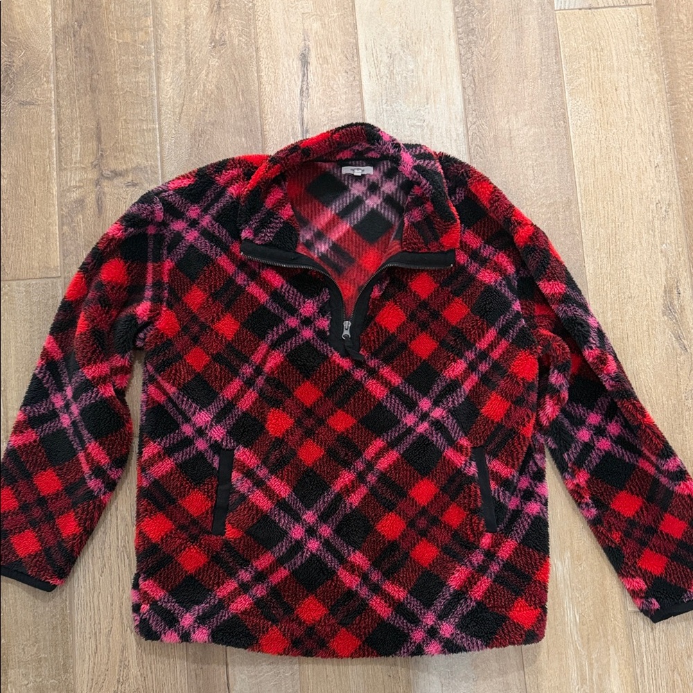 Maurices Red Black Pink Plaid Quarter-Zip Sherpa Pullover